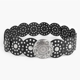 TOFBS Belt for Women Vintage Fashion Round Disc Hook Closure Leather Belt Western Cowgirl Wide Elastic Adjustable Waist Belt Openwork Metal Buckle Belt, silver