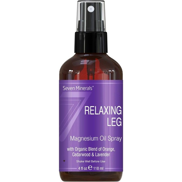 Seven Minerals Relaxing Leg Magnesium Spray, Powerful Organic Blend of Essential Oils (Orange, Cedarwood, & Laavender), That Calms Legs Naturally. 4 fl oz,