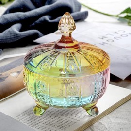 LWXPAIYY Glass Candy Dish with Non-Airtight Lid,Rainbow Candy Jar with Lid 16oz,Colorful Embossed Vintage Candy Bowl with Lid for Office Desk Coffee Table,Buffet Storage Cookie Decorative Jar(Colored)