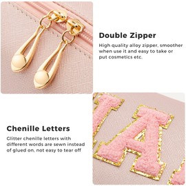 HBselect Preppy Makeup Bag 2 Pcs Travel Toiletry Bag Chenille Letter Patch Makeup Bag Portable Cosmetic Bag for Women PU Leather Waterproof Organizer Make up Bag for Women Girls (Hair Skin)