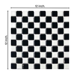 Tenedos Square Checkered Black and White Checker Board Porcelain Mosaic Wall Floor Tile Backsplash Shiny Look for Kitchen, Bathroom Shower, Accent Decor, Fireplace (1 Sheet)