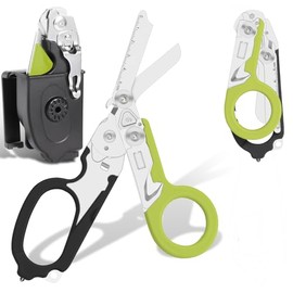6-in-1 Heavy Duty Emergency/Trauma Shears, with Carbide Glass Breaker, Ring Cutter, Foldable, Stainless Steel Multi-Purpose Scissors for Hospital, Home, Camping, and Travel Rescue Tools (Black+Green)