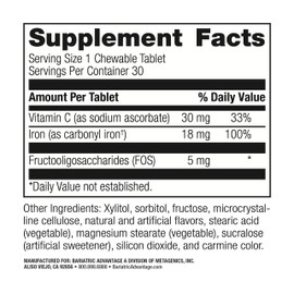 Bariatric Advantage Iron 18 mg with Vitamin C Chewable - Ferronyl Carbonyl Iron - Gentle on Stomach - Strawberry - 30 Count
