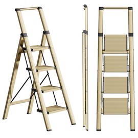 SOLADDER 4 Step Ladder, Lightweight Folding Step Stool, Brown Gold