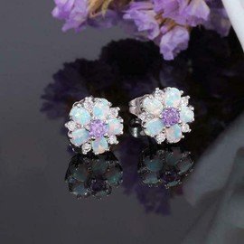 CiNily Flower Earrings, Purple Opal Stud Earrings Sterling Silver Plated Stud Earrings for Women, Ladies Flower Stud Earrings Cute Unique Earrings