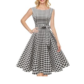 Hanpceirs Women's Boatneck Sleeveless Swing Vintage 1950s Cocktail Dress Black White Small Plaid 3X