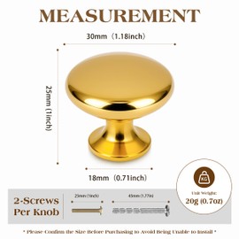 Syclishorn Pack of 12 Round Cabinet Knobs, Kitchen Knobs, Gold Polished Furniture Knobs with Screws, Modern Door Knob, Drawer Knob for Wardrobe, Drawers, 25 x 30 mm
