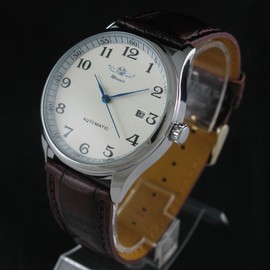 VIGOROSO Men's Automatic Mechanical Watch Day Calendar Leather Band Arabic Numerals