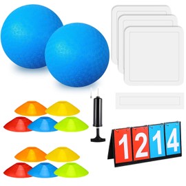 Huaerle 18 Pcs Sports Kickball Set Includes 2 Playground Ball with Air Pump 5 Rubber Throw Down Bases 10 Foul Line Cones and a Flip Scoreboard for Boys Girls Adults Playground School Backyard (Blue)