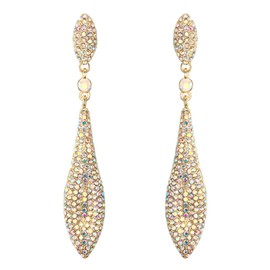 EVER FAITH Women's Austrian Crystal Double Waterdrop Bridal Pierced Pointed Leaves Dangle Earrings Iridescent AB Gold-Tone