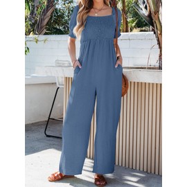 Dokotoo Jumpsuits for Women 2025 Fall Lantern Sleeves Square Neck Rompers Wide Leg Pants Dressy Resort Wear 2025 with Pockets for Party,Ashleigh Blue Medium