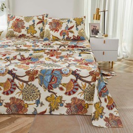 Softta Vintage Bed Sheet Sets 4pcs Full Size Bedding Collection Colorful Boho Baikal Flower Pattern Western Deep Pocket 100% Egyptian Cotton Farmhouse Luxury Damask Bedding Set