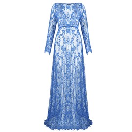 U-Story Sexy Deep V-Neck Long Sleeve Lace Beach See-Through Maternity Maxi Dress (Medium, Blue)