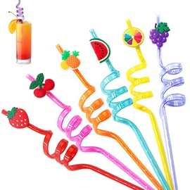 Colorful Curly Plastic Straws - 6 Pack Fun Fruit Reusable Drinking Straws for Kids' Party Family Gatherings and More