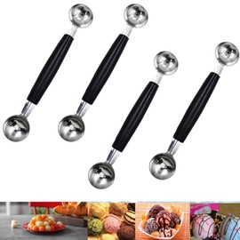 4 Pack Double Ended Headed Fruit Icecream Ball Spoon,430 Stainless Steel Melon Baller,Smooth Round Melon Balls Melon Scoop for Watermelon/Ice Cream/Fruits/Sorbet/Meatball