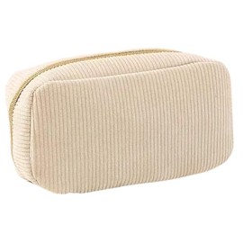 Corduroy Makeup Bag, Cream with Gold Zipper, 20 cm x 10 cm x 6 cm Everyday Use Or Travel Cosmetic Bag Lovely Gift for Mother's Day Valentines Birthday Gift for Her Teenager
