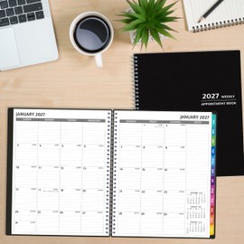 2027 Appointment Book - January - December 2027, Appointment Planner with Weekly ＆ Monthly Spread, 8.5'' x 10.5'', Large, 15 Minute Increments, 2027 Daily Planner with Pockets, Tabs, Flexible Cover, Black