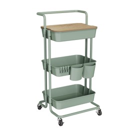DTK 3 Tier Utility Rolling Cart with Cover Board, Rolling Storage Cart, H&le & Locking Wheels Kitchen Cart with 2 Small Baskets & 4 Hooks for Bathroom Office Balcony Living Room(Turquoise)Large