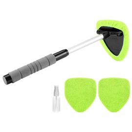 QWORK Windshield Cleaner Tool – Long Handle, 180° Swivel Head for Easy Interior and Exterior Auto Glass Cleaning – Includes 3 Reusable Pads