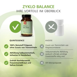 Quintessence Zyklo Balance Vitamin Kapseln 60 Stk. - Nahrungsergänzungsmittel Frauen, Vegan, Mit Frauenmantel, Vitamin B6, Safran Extrakt & Nachtkerzenöl, Produziert in Österreich