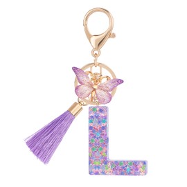 Suweibuke Cute Pink Key Chains for Women Girls, Initial Letter Keychains with Tassel, Charms for Key Purse Handbags Backpacks (Purple Butterfly Letter-L)