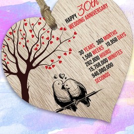 30th Wedding Anniversary Wooden Heart Plaque, Light Wood Sign Keepsake, Celebrate Pearl Anniversary Wife Husband Boyfriend Girlfriend, Plaque with Quotes Gifts from the Kids