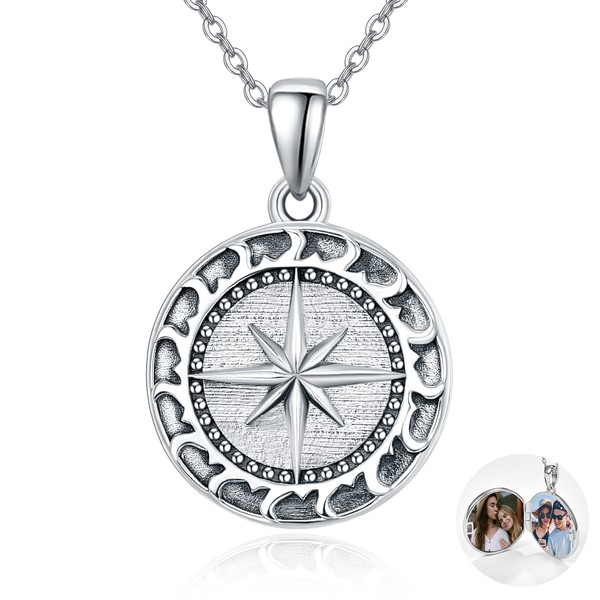KINGWHYTE Compass Locket Necklace That Holds Pictures Sterling Silver Compass