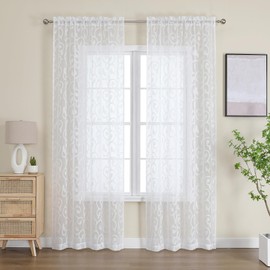 OWENIE Furman Sheer White Curtains 84 inches Long for Bedroom Living Room 2 Panels Set, White Curtains Jacquard Clip Light Filtering Semi Sheer Curtain Rod Pocket Window Drapes, 2 Pcs Each 40 W 84 L