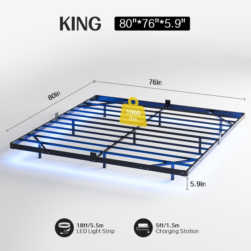 King Size Floating Bed Frame with Smart LED Lights and