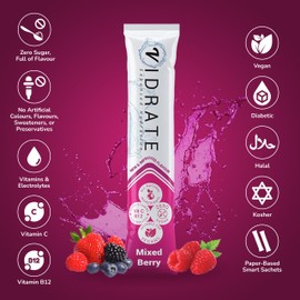Electrolytes Powder - Hydration Sachets Packed with Vitamins - Zero Sugar Rehydration Sachet with No Artificial Sweeteners & Preservatives by ViDrate - Mixed Berry Large Pack, 20 Electrolytes Sachets