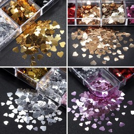 12 Grids 3D Heart Nail Art Stickers - Holographic Laser Nail Glitter Sequins, Gold, Red, Black and Silver Glitter Flakes for Nail Art Decoration