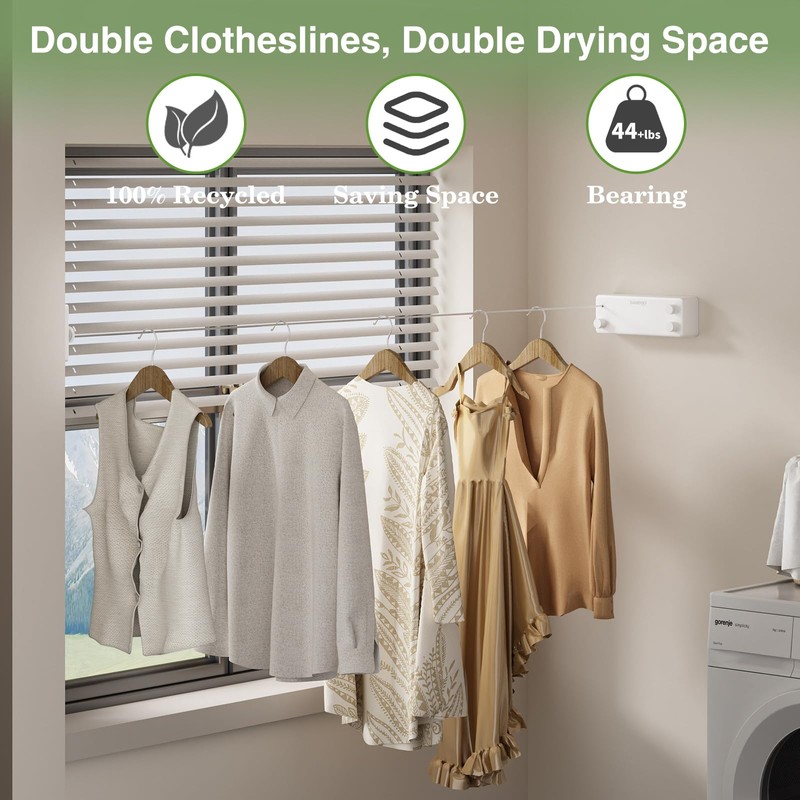 Danpoo Retractable Clothesline, 2x13.8ft Stainless Steel Clothes Line for Indoors/Outdoors,