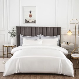 Morbuy Silk Satin Double Duvet Cover with 2 Pillowcases, White Bedding Set Easy Care Duvet Cover Set with Zipper Closure - Luxury Ultra Soft Quilt Cover 3 Piece - 200x200cm