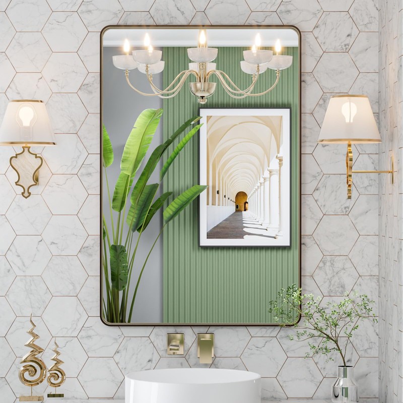 LOAAO 24”X32” Bronze Bathroom Mirrors for Vanity, Rounded Rectangle Brushed