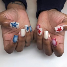 IMSOHOT Press on Nails Short Square Fake Nails White Glossy Glue on Nails Full Cover Red Blue Star Acrylic False Nails