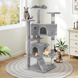 Multi-Level 54 Inches Cat Tree Tower, Indoor Climbing Tree Cat House with Scratching Posts, Condos, Dangling Ball and Round Extended Platform for Cats to Play and Sleep