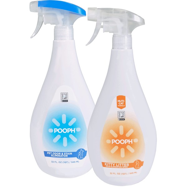 Pooph Pet Odor Eliminator & Pooph Kitty Litter Box Deodorizer - 2-32oz Bottles - Dismantles Odors on a Molecular Basis, Cats, Freshener, Eliminator, Urine, Poop, Pee, Deodorizer, Fresh, Clean