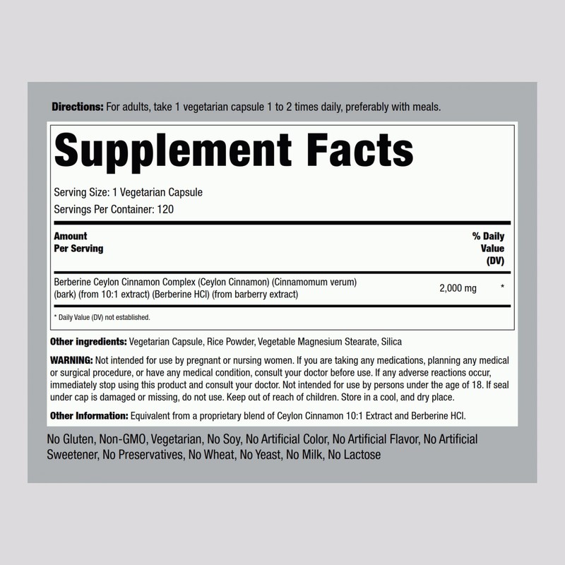Piping Rock Berberine with Ceylon Cinnamon Supplement | 2000 mg