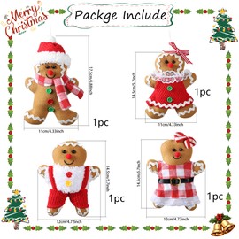4Pcs Gingerbread Man Christmas Tree Hanging Ornaments-5.7 Inch Tall Assorted Plush Stuffed Gingerbread Figurines Ornaments-Holiday Xmas Season Home Decor Gifts