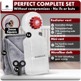 WEIDEBACH® Radiator Vent Key with Collection Container (140ml), Radiator Ventilator including Microfiber Cloth & Mini Vent Key for tight spaces, suitable for all radiators, long design