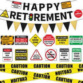 Caution Retirement Party Decorations Happy Retirement Banner Warning Card Signs 65.6 Ft Yellow Caution Tape Retired Party Supplies Gifts for Men Women Coworker Family Door Wall Decoration Photo Props