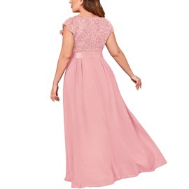 Miusol Women's Plus Size Cap Sleeve V Neck Floral Lace Ruffle Elegant Bridesmaid Evening Maxi Dress Pink