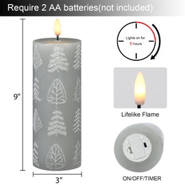 Lasumora Embossed Christmas Tree Candle Flameless Candle with 6h Timer, Flat Top 3D Flame LED Pillar Candle, Unscented Real Wax LED Battery Operated Candle Light for Home Décor Gifts (3" x 9")