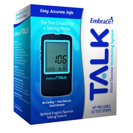 Embrace Talk Blood Glucose Starter Kit includes 1 Meter and 10ct Strips