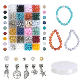 Minnhua 980pcs Stone Beads for Jewelry Making 8mm Round Crystal Beads with Pendant and Elastic String for Bracelet Necklace Earrings DIY Crafts