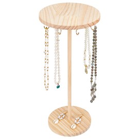HOBBIESAY 18 Hooks Wood Necklace Display Stand 15.24 inch Tall Round Rotating Jewelry Organizer Wooden Display Tower Storage Accessories for Bracelet Necklace Earring Jewelry Displays