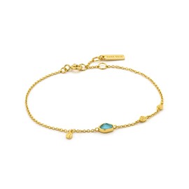 ANIA HAIE Women's Bracelet Mineral Glow Turquoise Discs 14k Gold Plated Sterling Silver with Three Gold Plates, One Turquoise Pendant, Length 16.5cm + 2cm Extender, Gift Boxed