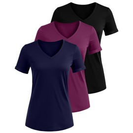 Ficerd 3 Pack Women’s V Neck T Shirts, Summer Casual Short Sleeve Tops Loose Fit Rolled Sleeve Tees 2025 Trendy Cotton Shirts(Black, Navy Blue, Fuchsia,X-Large)