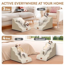 Zerbuger Dog Ramp and Stair for Bed 16" H-20 H,3-Step Cat Stair for Sofa and Chair,4-Step Dog Ramp for High Bed and Window,Durable Nonslip Fabric Cover for Indoor (Beige-16 H, Pet Friendly, 3)