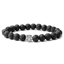 Natural 8mm Gemstones Healing Crystal Stretch Beaded Bracelet Bangle 925 Silver Double Happiness Pendant (lava)